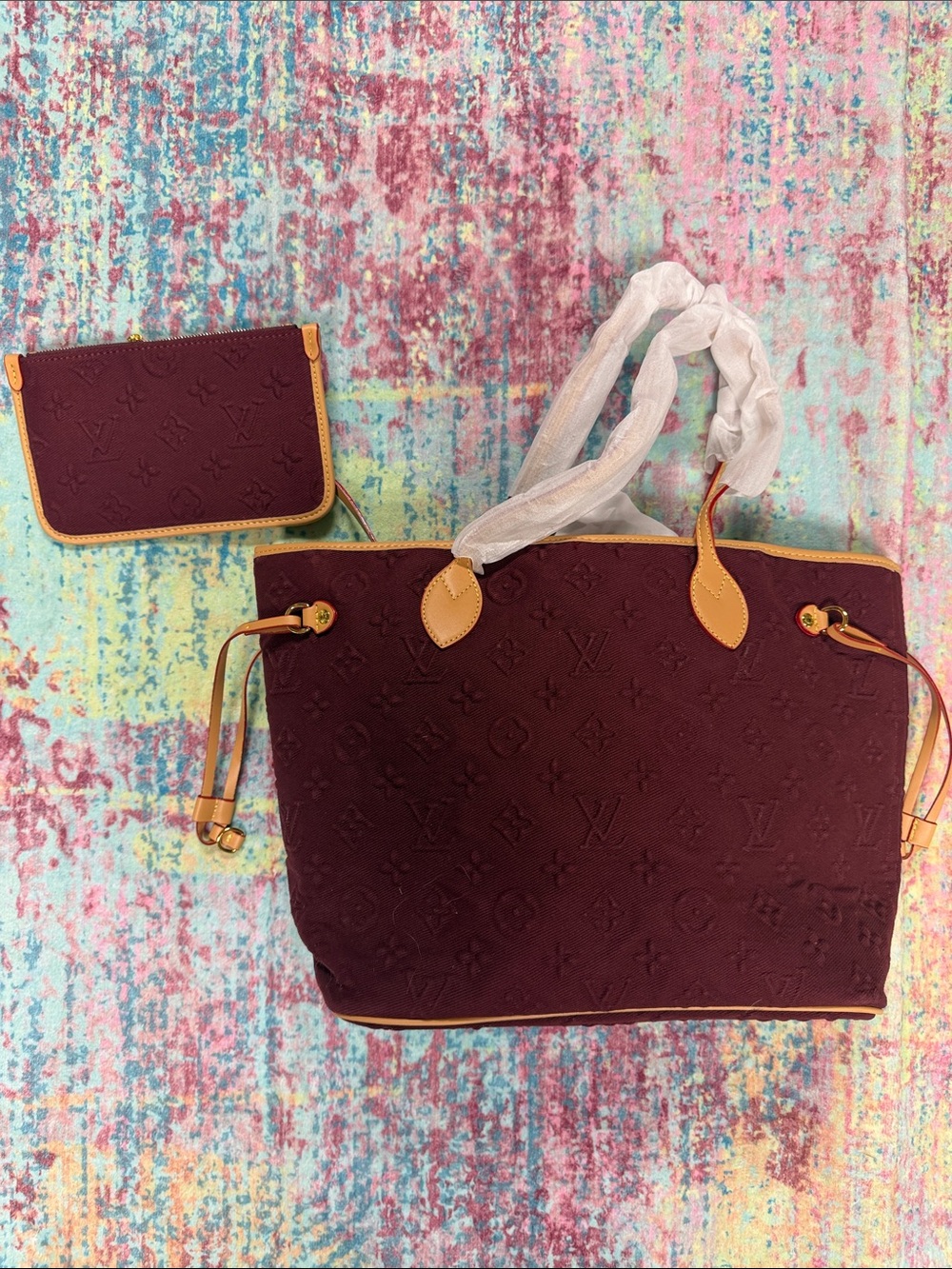 Burgundy Embossed Monogram Tote with Pouch